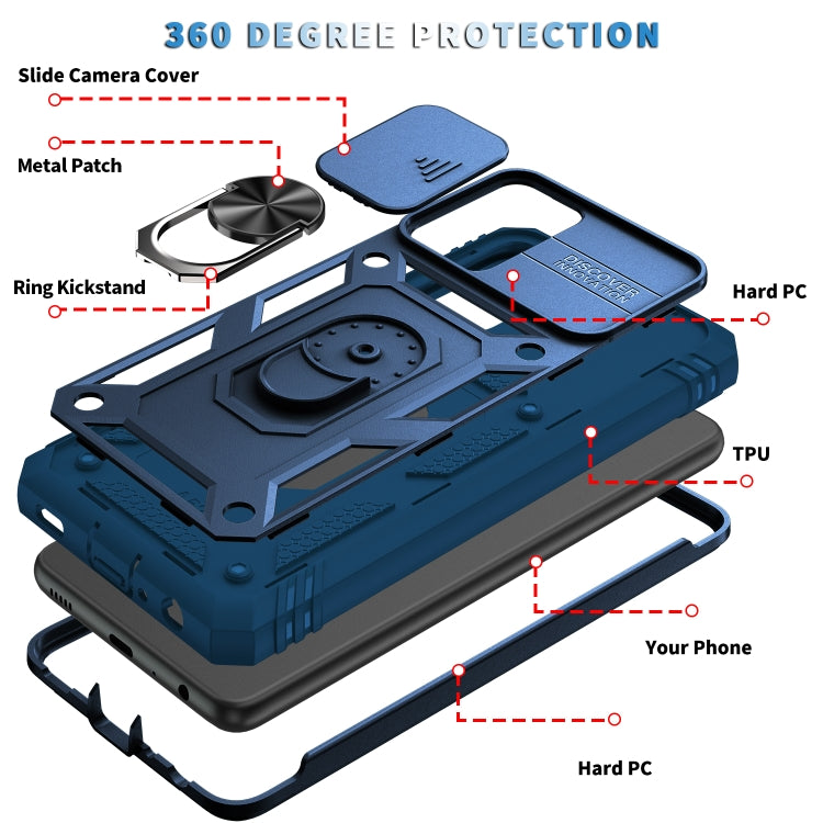 For Samsung Galaxy A52 Sliding Camera Cover Design TPU + PC Protective Case with 360 Degree Rotating Holder & Card Slot(Blue+Blue) by buy2fix