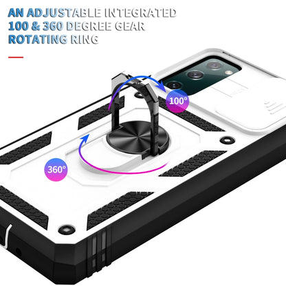 For Samsung Galaxy S20 FE Sliding Camera Cover Design TPU + PC Protective Case with 360 Degree Rotating Holder & Card Slot(White+Black) by buy2fix
