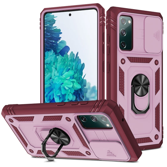 For Samsung Galaxy S20 FE Sliding Camera Cover Design TPU + PC Protective Case with 360 Degree Rotating Holder & Card Slot(Pink+Dark Red) by buy2fix