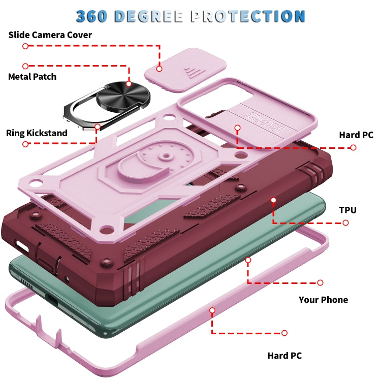 For Samsung Galaxy S20 FE Sliding Camera Cover Design TPU + PC Protective Case with 360 Degree Rotating Holder & Card Slot(Pink+Dark Red) by buy2fix