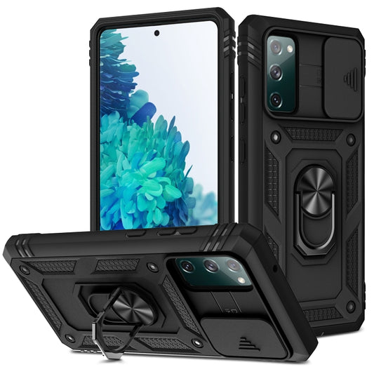 For Samsung Galaxy S20 FE Sliding Camera Cover Design TPU + PC Protective Case with 360 Degree Rotating Holder & Card Slot(Black+Black) by buy2fix