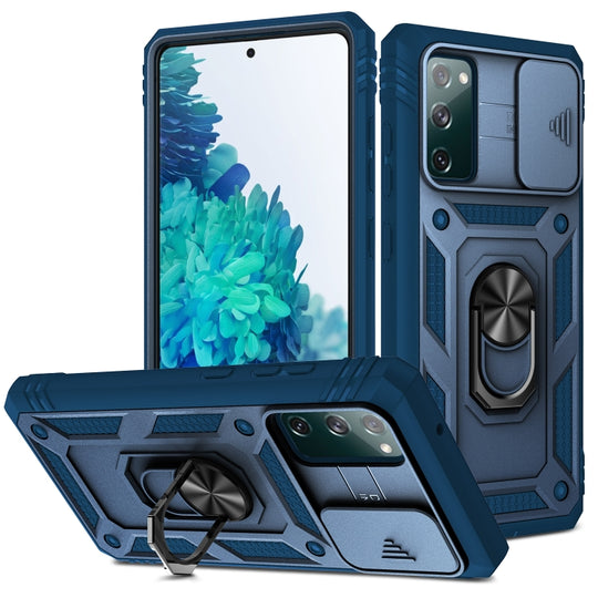 For Samsung Galaxy S20 FE Sliding Camera Cover Design TPU + PC Protective Case with 360 Degree Rotating Holder & Card Slot(Blue+Blue)