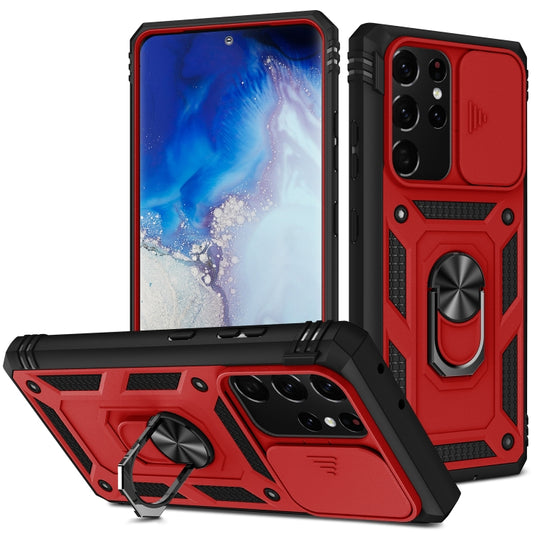 For Samsung Galaxy S21 Ultra 5G Sliding Camera Cover Design TPU + PC Protective Case with 360 Degree Rotating Holder & Card Slot(Red+Black)