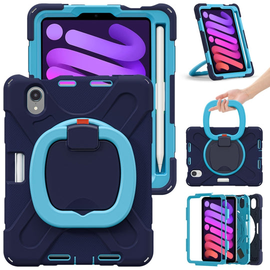 For iPad mini 6 / mini 2024 Heavy Duty Silicone Hybrid  PC Tablet Case with Holder & Shoulder Strap(Navy Blue + Blue)