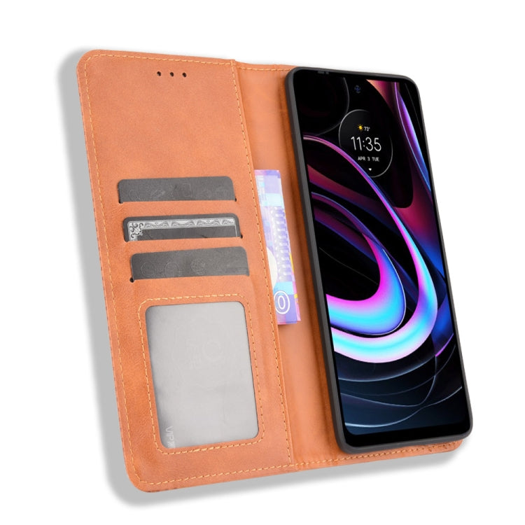For Motorola Edge 2021 Magnetic Buckle Retro Pattern Horizontal Flip Leather Case with Holder & Card Slot & Wallet(Brown) by buy2fix