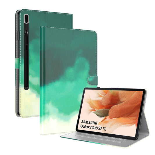 For Samsung Galaxy Tab S7 FE 12.4 inch 2021 T730 / T736 Voltage Watercolor Pattern Skin Feel Magnetic Horizontal Flip PU Leather Case with Holder & Card Slots & Photo Frame(Cyan Green) - Galaxy Tab S7 FE by buy2fix | Online Shopping UK | buy2fix