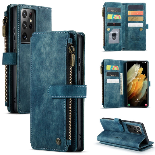 For Samsung Galaxy S21 Ultra 5G CaseMe-C30 PU + TPU Multifunctional Horizontal Flip Leather Case with Holder & Card Slot & Wallet & Zipper Pocket(Blue)