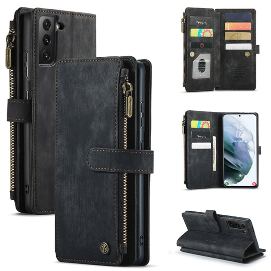 For Samsung Galaxy S21 FE CaseMe-C30 PU + TPU Multifunctional Horizontal Flip Leather Case with Holder & Card Slot & Wallet & Zipper Pocket(Black)
