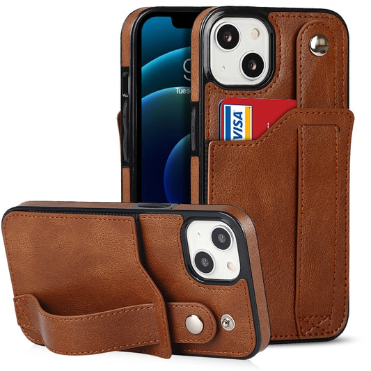 For iPhone 13 mini Crazy Horse Texture Shockproof TPU + PU Leather Case with Card Slot & Wrist Strap Holder (Brown) by buy2fix