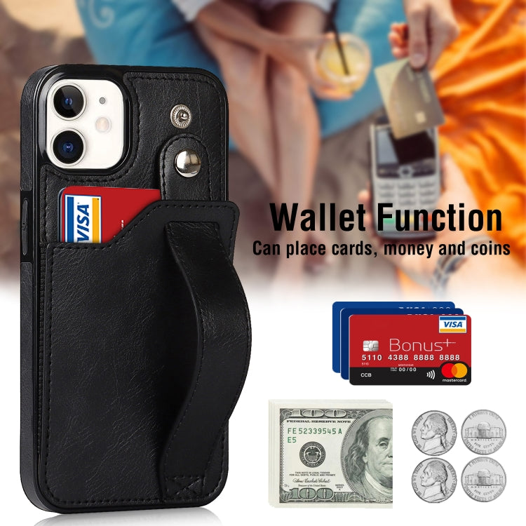 For iPhone 12 mini Crazy Horse Texture Shockproof TPU + PU Leather Case with Card Slot & Wrist Strap Holder (Black) by buy2fix