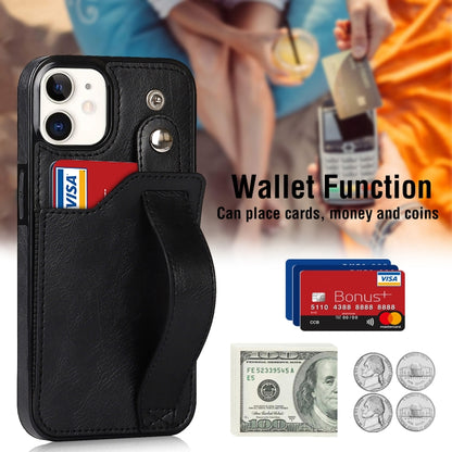 For iPhone 12 mini Crazy Horse Texture Shockproof TPU + PU Leather Case with Card Slot & Wrist Strap Holder (Black) by buy2fix