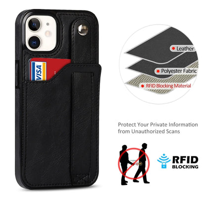 For iPhone 12 mini Crazy Horse Texture Shockproof TPU + PU Leather Case with Card Slot & Wrist Strap Holder (Black) by buy2fix