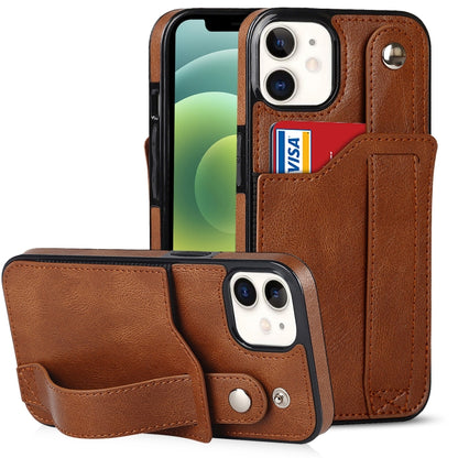 For iPhone 12 mini Crazy Horse Texture Shockproof TPU + PU Leather Case with Card Slot & Wrist Strap Holder (Brown) by buy2fix