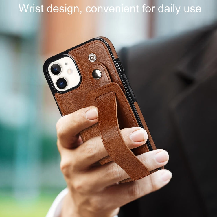 For iPhone 12 mini Crazy Horse Texture Shockproof TPU + PU Leather Case with Card Slot & Wrist Strap Holder (Brown) by buy2fix