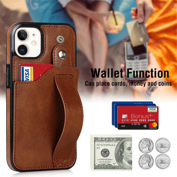 For iPhone 12 mini Crazy Horse Texture Shockproof TPU + PU Leather Case with Card Slot & Wrist Strap Holder (Brown) by buy2fix