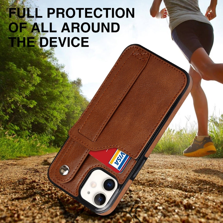 For iPhone 12 mini Crazy Horse Texture Shockproof TPU + PU Leather Case with Card Slot & Wrist Strap Holder (Brown) by buy2fix