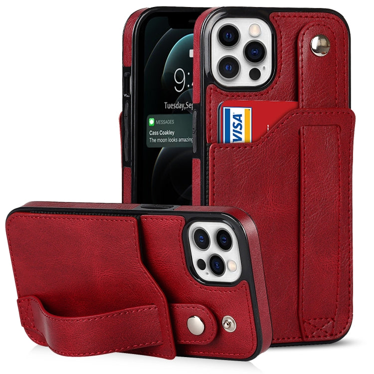 For iPhone 12 / 12 Pro Crazy Horse Texture Shockproof TPU + PU Leather Case with Card Slot & Wrist Strap Holder(Red) by buy2fix
