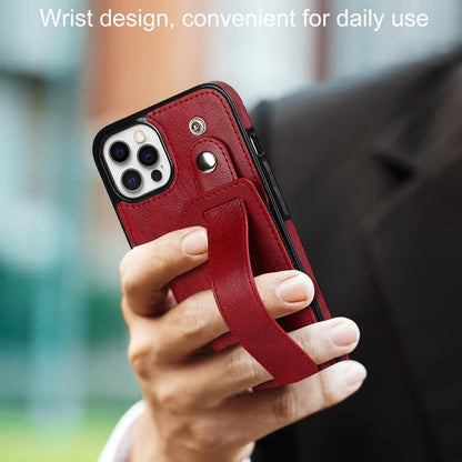 For iPhone 12 / 12 Pro Crazy Horse Texture Shockproof TPU + PU Leather Case with Card Slot & Wrist Strap Holder(Red) by buy2fix