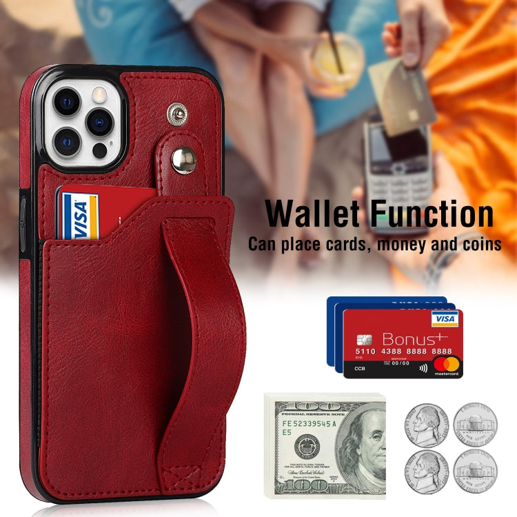 For iPhone 12 / 12 Pro Crazy Horse Texture Shockproof TPU + PU Leather Case with Card Slot & Wrist Strap Holder(Red) by buy2fix