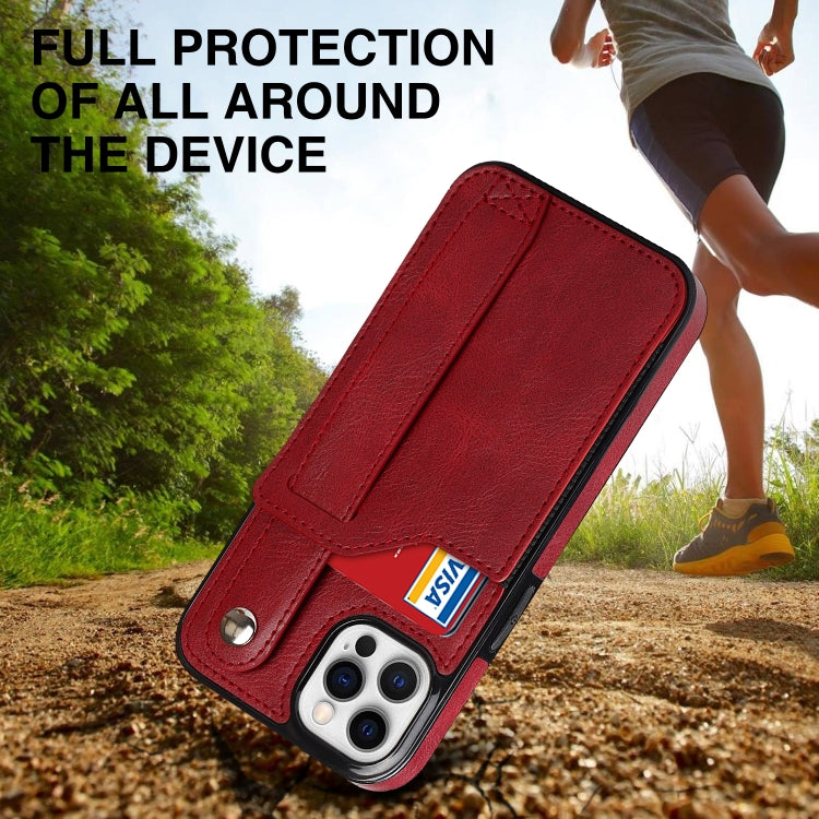 For iPhone 12 / 12 Pro Crazy Horse Texture Shockproof TPU + PU Leather Case with Card Slot & Wrist Strap Holder(Red) by buy2fix
