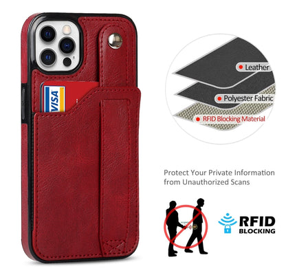 For iPhone 12 / 12 Pro Crazy Horse Texture Shockproof TPU + PU Leather Case with Card Slot & Wrist Strap Holder(Red) by buy2fix