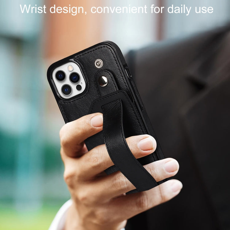For iPhone 12 Pro Max Crazy Horse Texture Shockproof TPU + PU Leather Case with Card Slot & Wrist Strap Holder(Black) by buy2fix