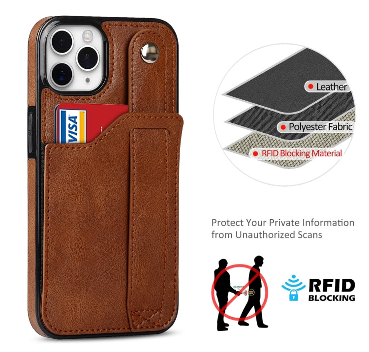 For iPhone 11 Pro Crazy Horse Texture Shockproof TPU + PU Leather Case with Card Slot & Wrist Strap Holder (Brown) by buy2fix