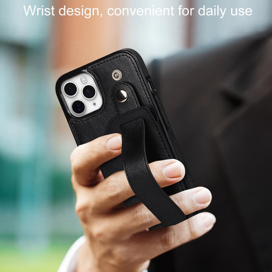 For iPhone 11 Pro Max Crazy Horse Texture Shockproof TPU + PU Leather Case with Card Slot & Wrist Strap Holder (Black) by buy2fix