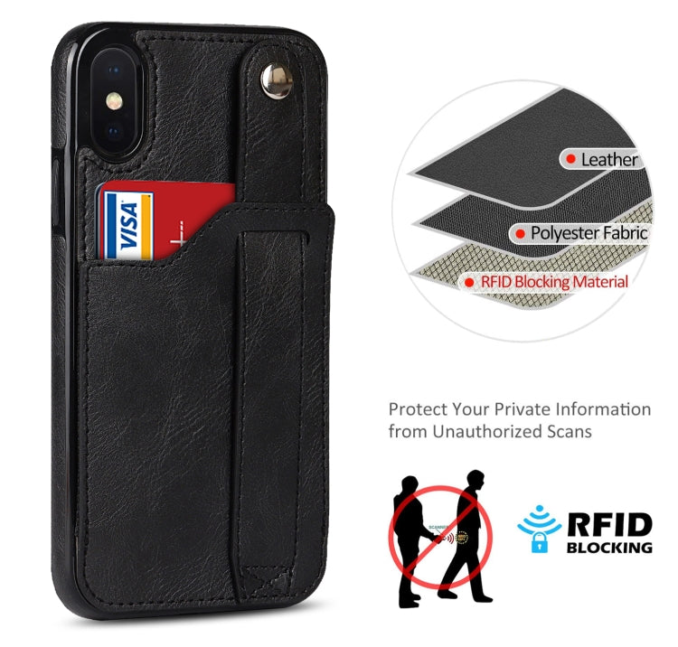 For iPhone X / XS Crazy Horse Texture Shockproof TPU + PU Leather Case with Card Slot & Wrist Strap Holder(Black) by buy2fix