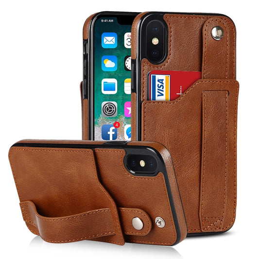 For iPhone X / XS Crazy Horse Texture Shockproof TPU + PU Leather Case with Card Slot & Wrist Strap Holder(Brown) by buy2fix