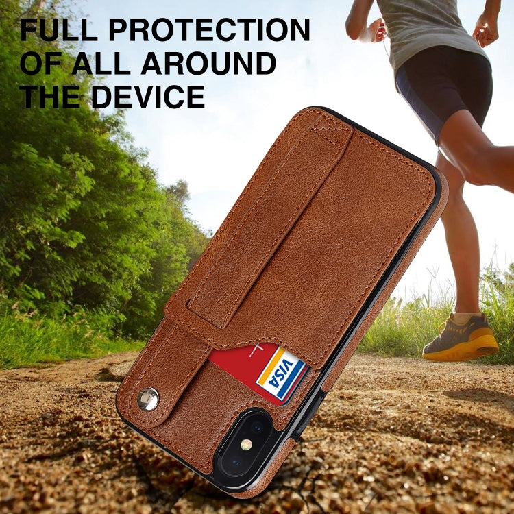 For iPhone X / XS Crazy Horse Texture Shockproof TPU + PU Leather Case with Card Slot & Wrist Strap Holder(Brown) by buy2fix