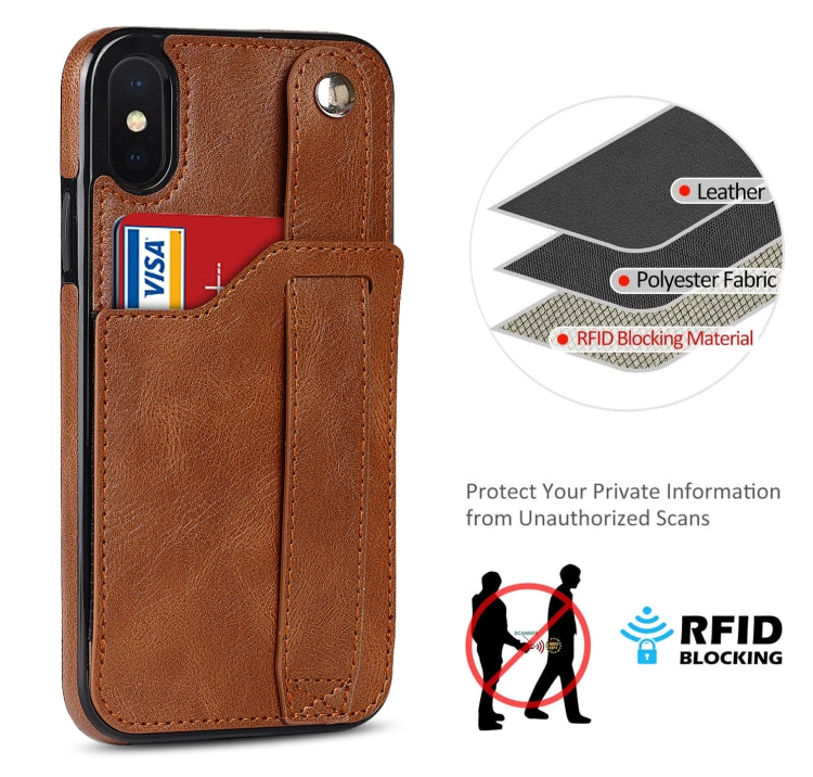 For iPhone X / XS Crazy Horse Texture Shockproof TPU + PU Leather Case with Card Slot & Wrist Strap Holder(Brown) by buy2fix