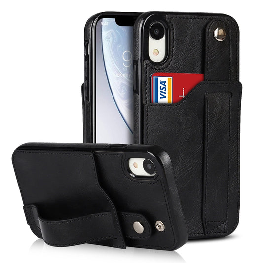 For iPhone XR Crazy Horse Texture Shockproof TPU + PU Leather Case with Card Slot & Wrist Strap Holder(Black) by buy2fix