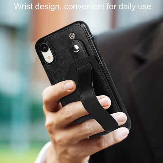 For iPhone XR Crazy Horse Texture Shockproof TPU + PU Leather Case with Card Slot & Wrist Strap Holder(Black) by buy2fix