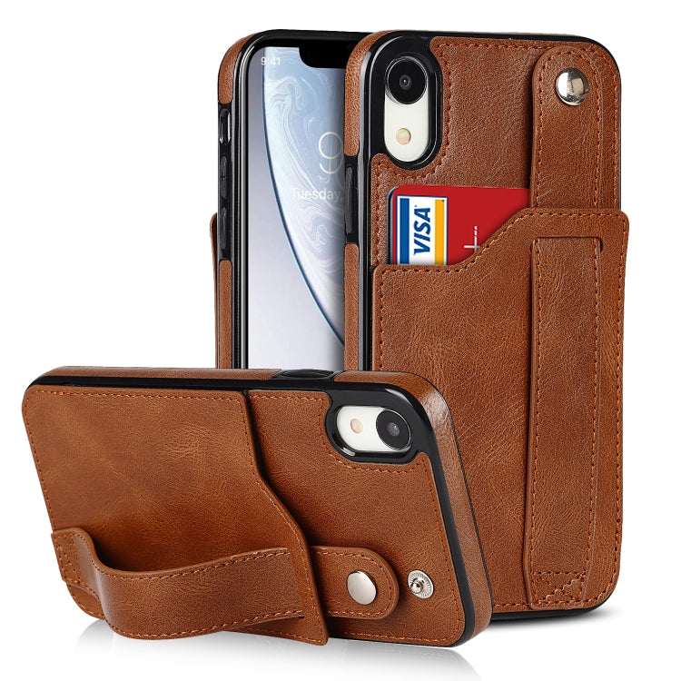 For iPhone XR Crazy Horse Texture Shockproof TPU + PU Leather Case with Card Slot & Wrist Strap Holder(Brown) by buy2fix