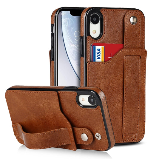For iPhone XR Crazy Horse Texture Shockproof TPU + PU Leather Case with Card Slot & Wrist Strap Holder(Brown) by buy2fix