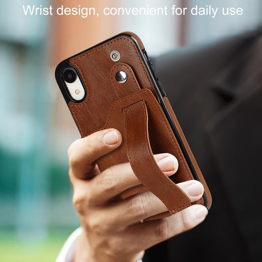 For iPhone XR Crazy Horse Texture Shockproof TPU + PU Leather Case with Card Slot & Wrist Strap Holder(Brown) by buy2fix