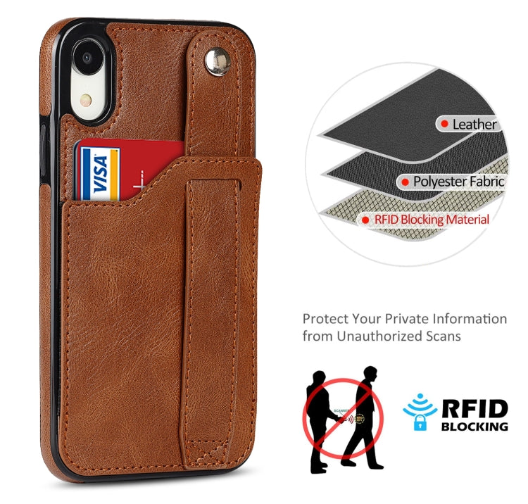For iPhone XR Crazy Horse Texture Shockproof TPU + PU Leather Case with Card Slot & Wrist Strap Holder(Brown) by buy2fix