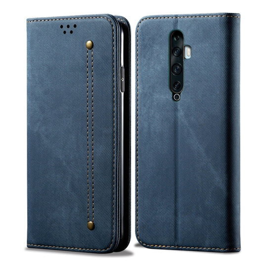 For OPPO Reno 2 Denim Texture Casual Style Horizontal Flip Leather Case with Holder & Card Slots & Wallet(Blue)