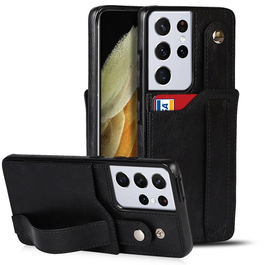 For Samsung Galaxy S21 Ultra 5G Crazy Horse Texture Shockproof TPU + PU Leather Case with Card Slot & Wrist Strap Holder(Black)