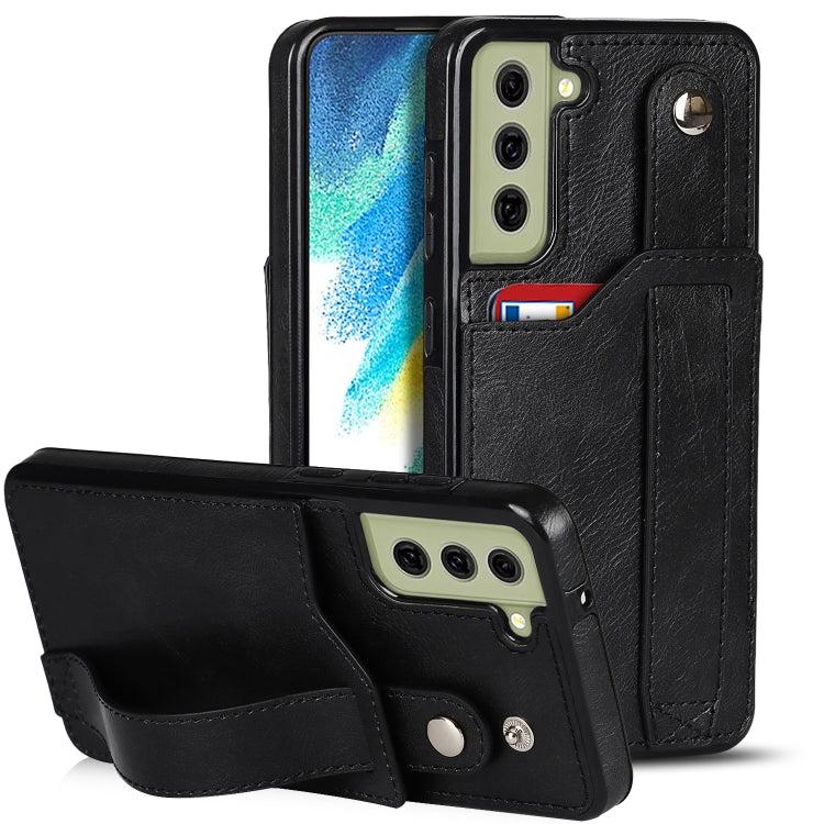 For Samsung Galaxy S21 FE Crazy Horse Texture Shockproof TPU + PU Leather Case with Card Slot & Wrist Strap Holder(Black) by buy2fix