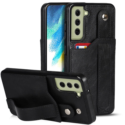 For Samsung Galaxy S21 FE Crazy Horse Texture Shockproof TPU + PU Leather Case with Card Slot & Wrist Strap Holder(Black) by buy2fix