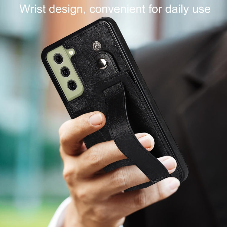 For Samsung Galaxy S21 FE Crazy Horse Texture Shockproof TPU + PU Leather Case with Card Slot & Wrist Strap Holder(Black) by buy2fix