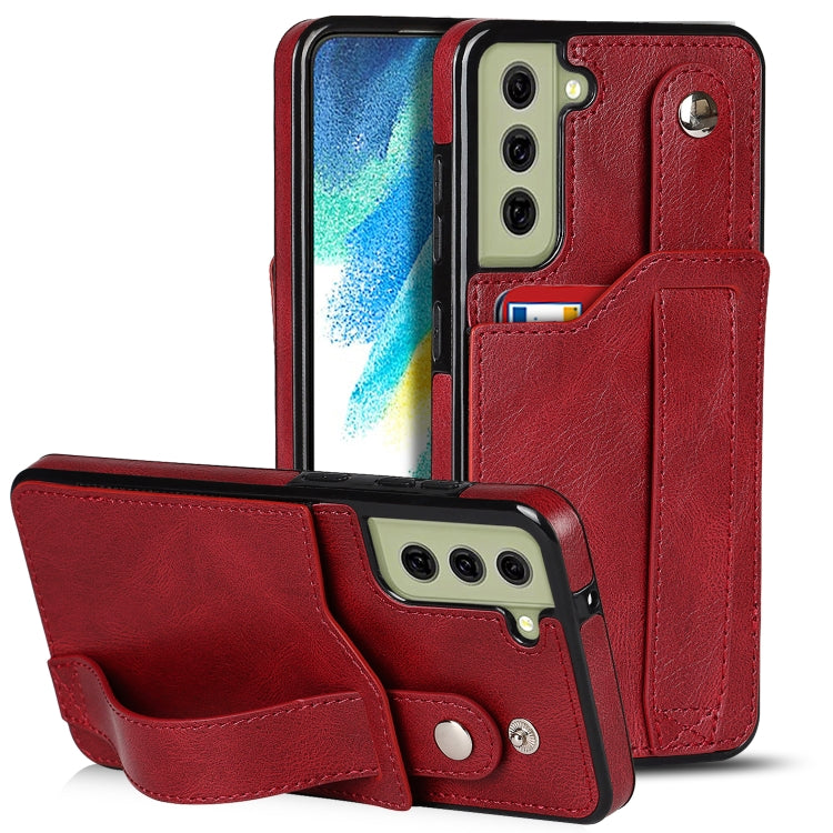 For Samsung Galaxy S21 FE Crazy Horse Texture Shockproof TPU + PU Leather Case with Card Slot & Wrist Strap Holder(Red) by buy2fix