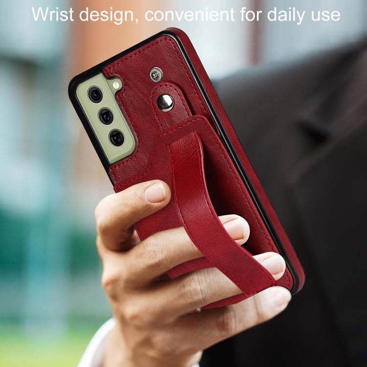 For Samsung Galaxy S21 FE Crazy Horse Texture Shockproof TPU + PU Leather Case with Card Slot & Wrist Strap Holder(Red) by buy2fix