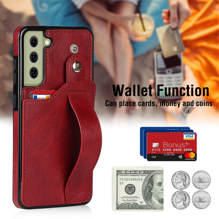 For Samsung Galaxy S21 FE Crazy Horse Texture Shockproof TPU + PU Leather Case with Card Slot & Wrist Strap Holder(Red) by buy2fix