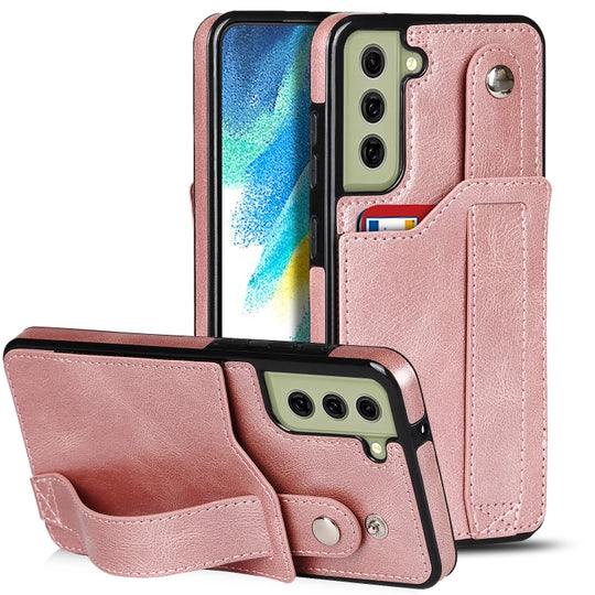 For Samsung Galaxy S21 FE Crazy Horse Texture Shockproof TPU + PU Leather Case with Card Slot & Wrist Strap Holder(Rose Gold)