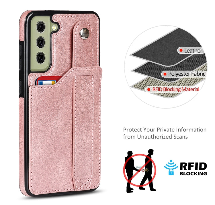 For Samsung Galaxy S21 FE Crazy Horse Texture Shockproof TPU + PU Leather Case with Card Slot & Wrist Strap Holder(Rose Gold) by buy2fix