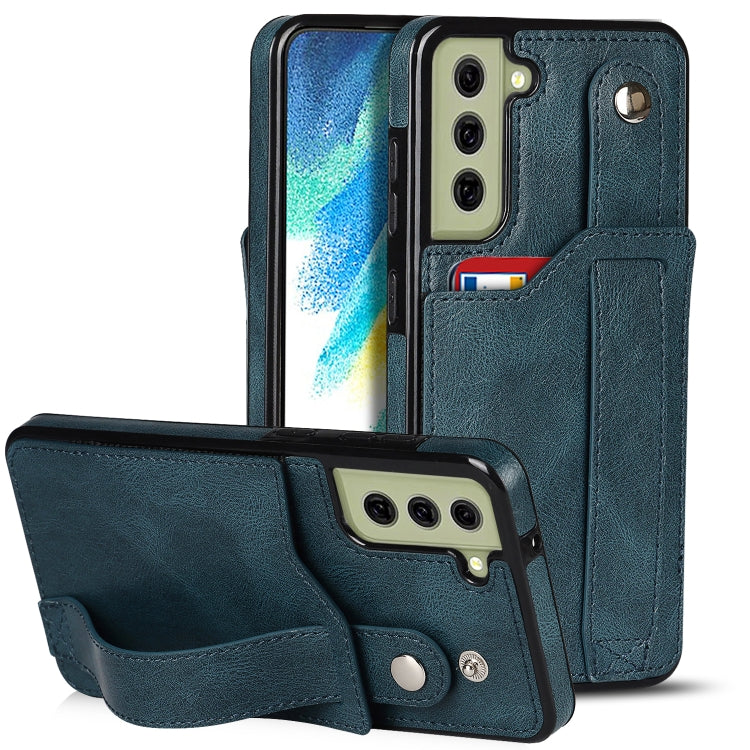 For Samsung Galaxy S21 FE Crazy Horse Texture Shockproof TPU + PU Leather Case with Card Slot & Wrist Strap Holder(Sapphire Blue) by buy2fix