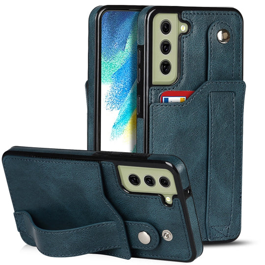 For Samsung Galaxy S21 FE Crazy Horse Texture Shockproof TPU + PU Leather Case with Card Slot & Wrist Strap Holder(Sapphire Blue)